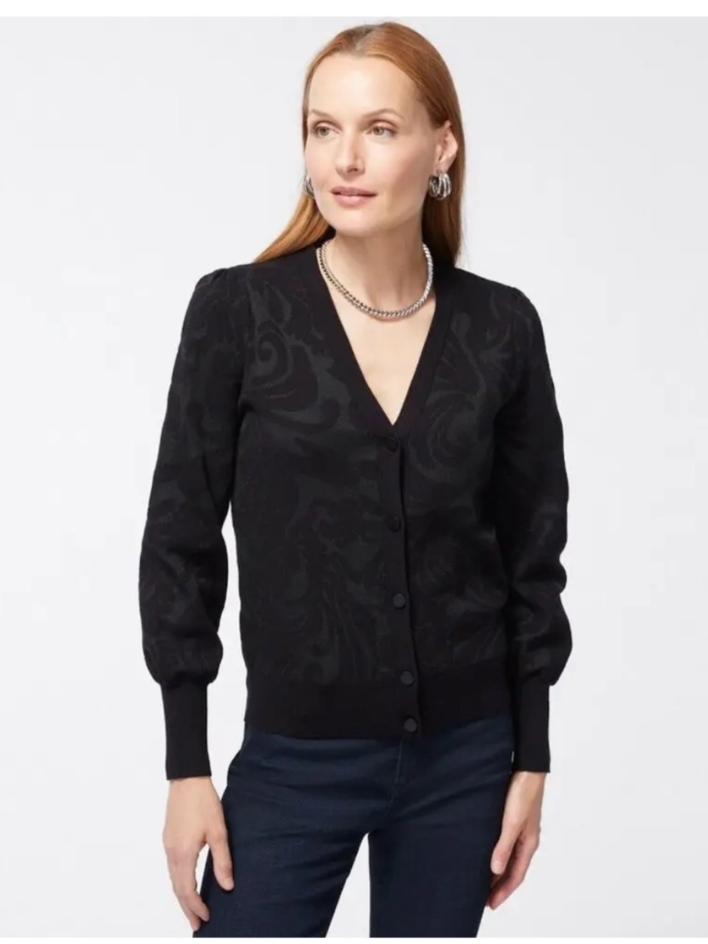 Chico’s black floral jacquard mesh v-neck puff long sleeve cardigan sweater